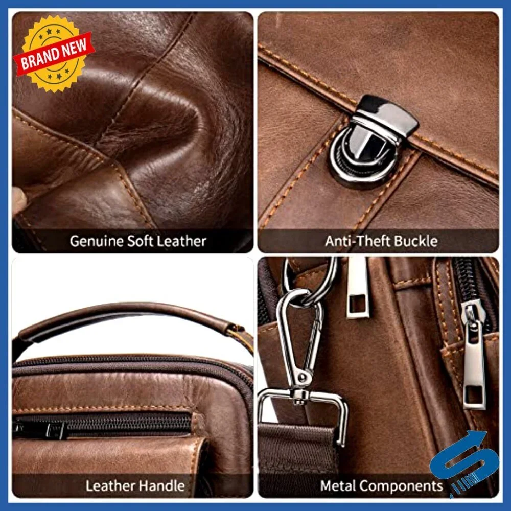 Mini Genuine Leather Messenger Bag with 5 Zipper Pockets for Men